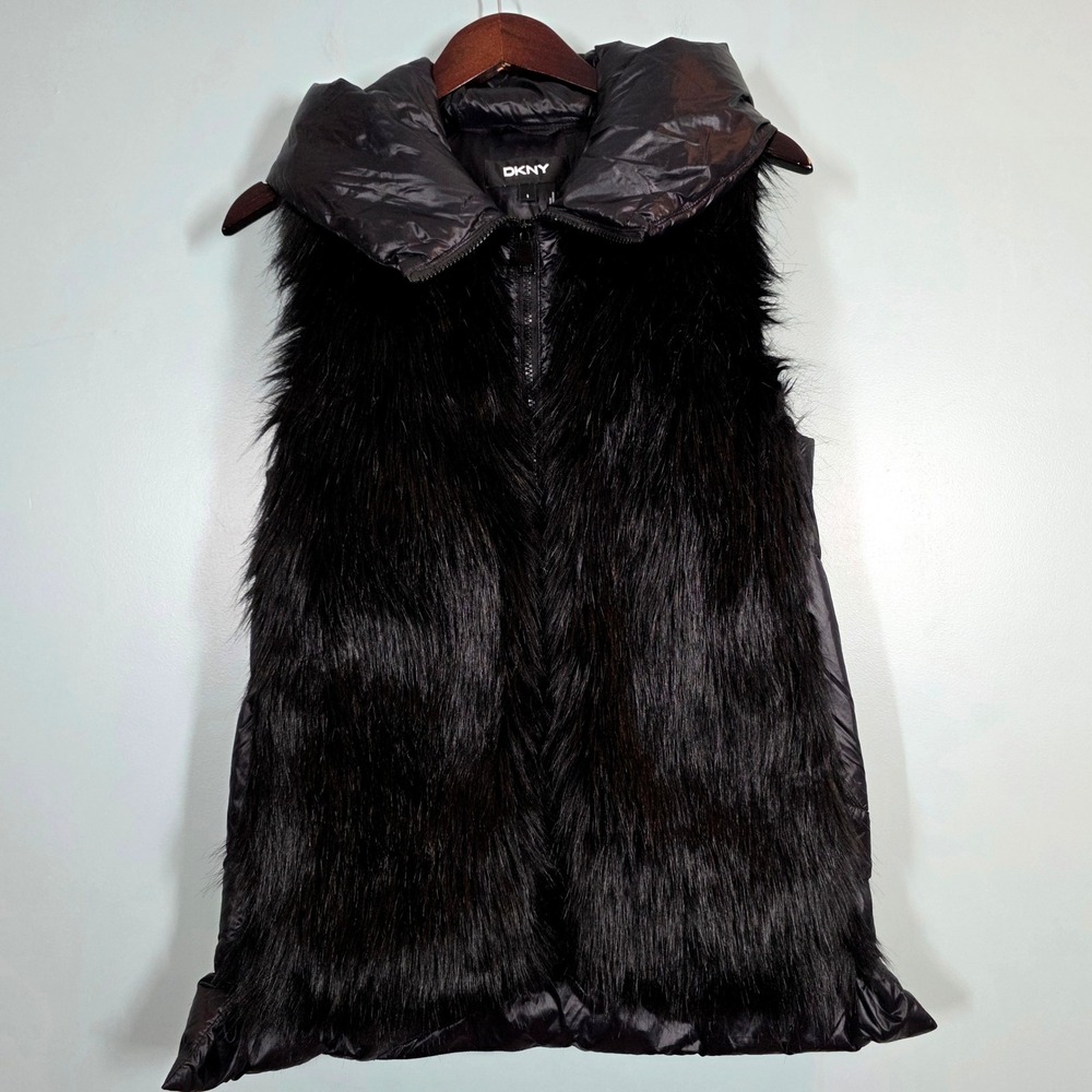 DKNY Womens Black Faux Fur Puffer Vest Hooded‎ Quilted Zip Up Gilet Small